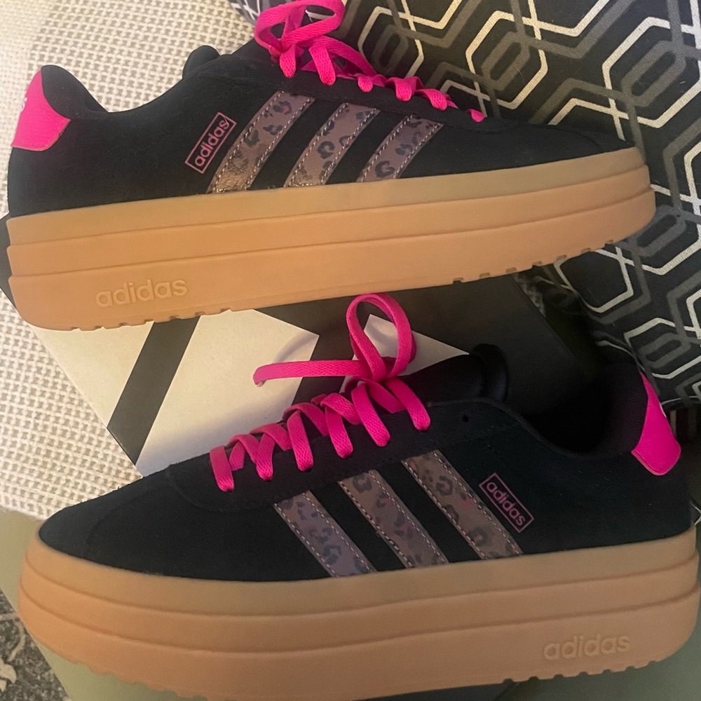Adidas Black and Pink Platform Sneakers with leopard stripes